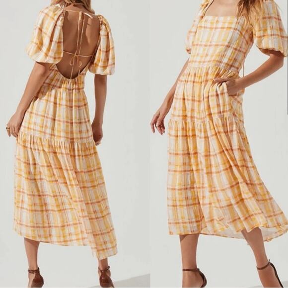 ASTR The Label Women's Ilana Yellow Plaid Midi Dress Puff Sleeve Open Back Large - Picture 2 of 9
